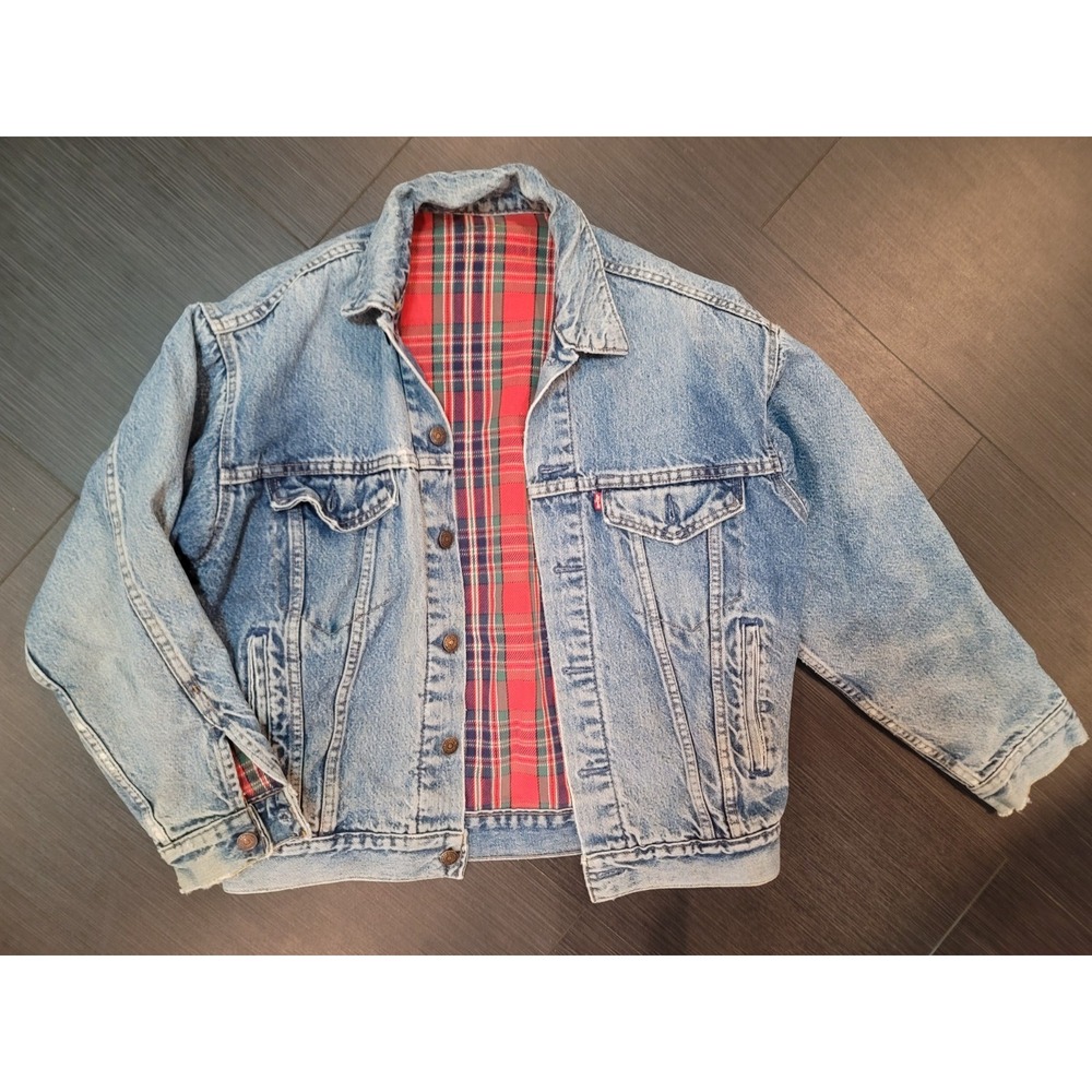Vintage Levi Red Green Navy Plaid flannel Trucker Jacket Distressed 80's USA Med
